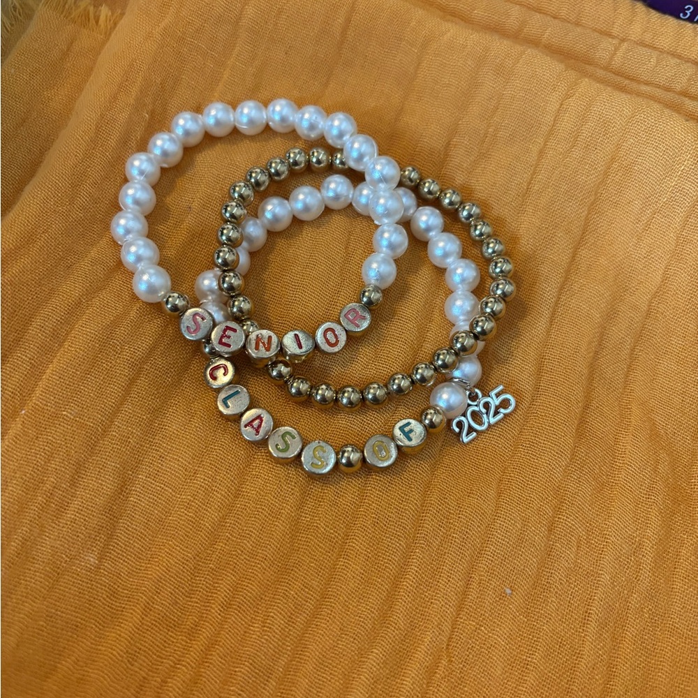 Pearl and Gold Beaded Senior Class of 2025 Bracelet Set